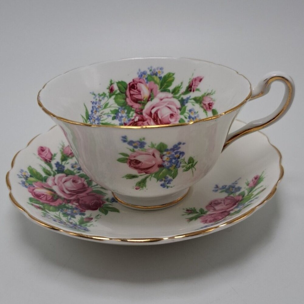 Rosina Pink Rose Gold Trim Floral Bone China Teacup Saucer Set Vintage